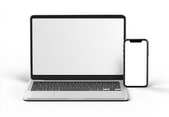 September 2025 Silver Laptop and Smartphone on White Surface with Blank Screen, Minimalist High-Resolution Image