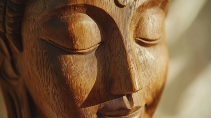 Detailed wooden carving of a Buddha figure with a soft golden lighting and a rustic textured surface  The image evokes a sense of tranquility spirituality and devotion