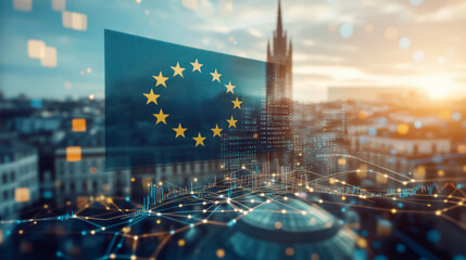European Union flag overlay on a digital cityscape, symbolizing economic growth and technological advancement within the EU. Vibrant connections highlight innovation and future progress.
