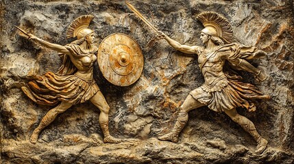 Dramatic depiction of the mythological Trojan War battle with the powerful Greek gods Athena and Ares engaged in a fierce combat amidst the ancient ruins and landscape