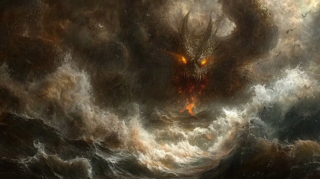 Dramatic depicting the monstrous figure of Typhon a legendary Greek mythological creature towering menacingly over a turbulent stormy sea with fiery eyes and serpentine limbs