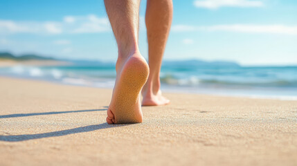 Barefoot person walking along a sandy beach by the ocean, with clear blue skies and gentle waves in the background, creating a serene atmosphere.