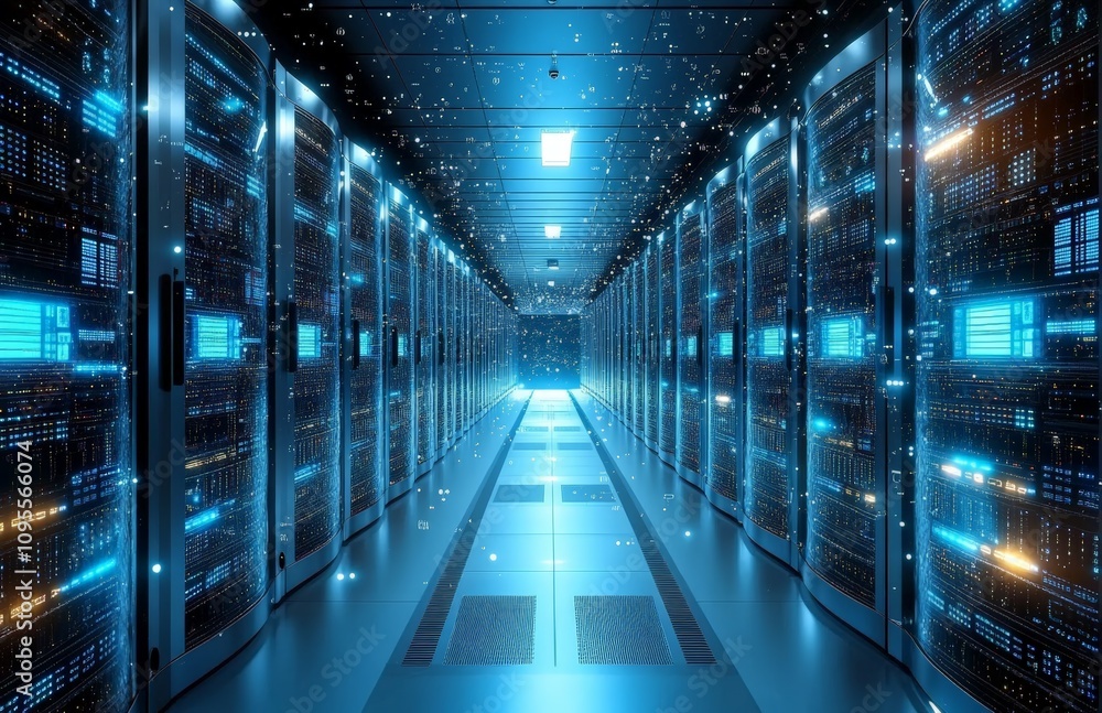 Poster futuristic data center corridor with high-tech servers and glowing network cables