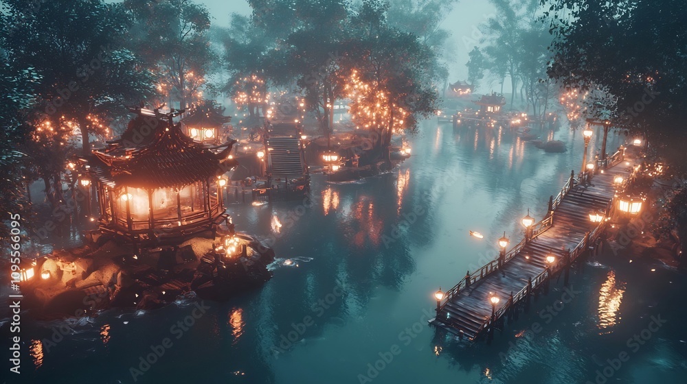 Poster enchanting and surreal landscape with floating islands connected by glowing ethereal bridges in a ma
