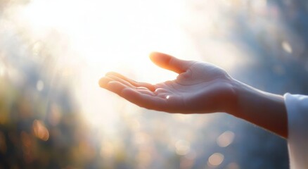 Serene Hand Reaching Out in Soft Light Glowing Ethereal Spiritual Atmosphere
