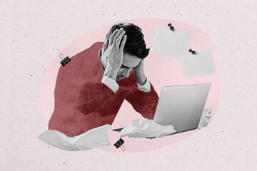 Trend artwork composite 3D photo collage design of young man businessman sit headache overworked...