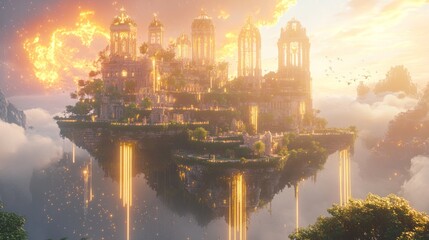 Fototapeta premium A fantastical floating city with ornate architecture and glowing elements above the clouds.