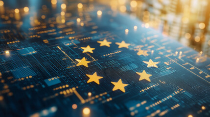 Abstract representation of the European Union as digital stars on a circuit board, symbolizing technology and connectivity across Europe, amid glowing lights.