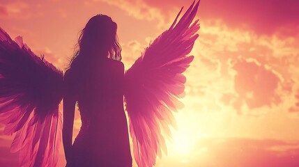 Eos the Goddess of Dawn gracefully bringing light to a dark horizon with her soft pastel colored hues and ethereal winged silhouette against a dramatic celestial sky