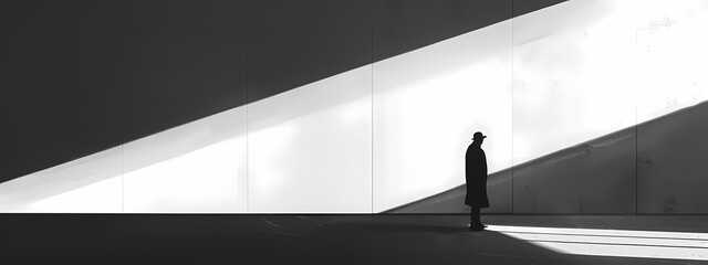 A silhouette of a man in a long coat stands against a minimalist background with striking light and shadow contrasts.