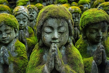 Fototapeta premium Moss-Covered Stone Boy Statues in Kyoto's Otagi Nenbutsu ji Temple
