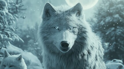 Obraz premium A majestic white wolf stands prominently in a snowy forest under a full moon.