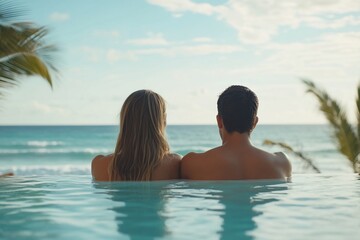 Couple relaxing in infinity pool overlooking ocean.