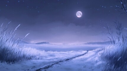 A serene winter landscape under a full moon, with a winding path and gentle grasses.