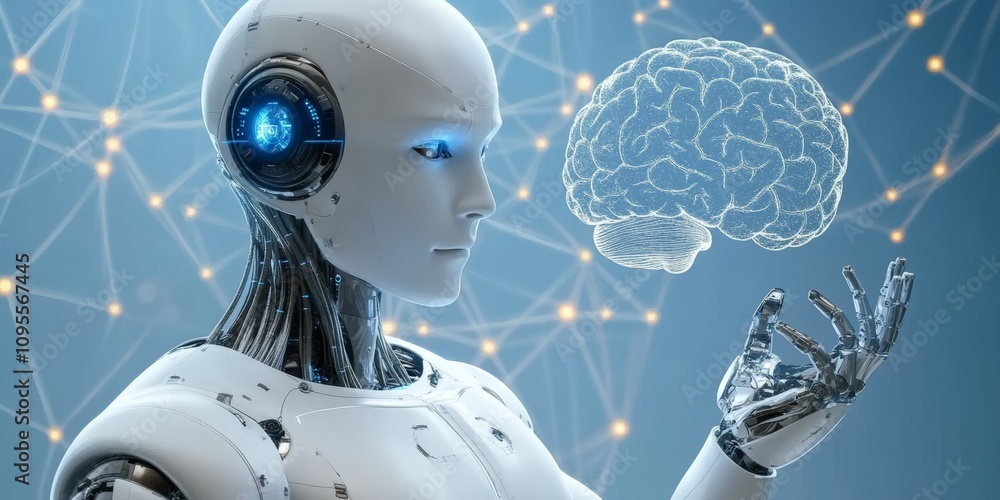 Poster futuristic humanoid robot with glowing brain model in a high-tech environment
