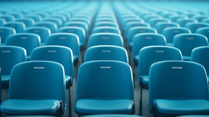 Fototapeta premium Rows of empty blue chairs in an auditorium create a symmetrical pattern, ready for an upcoming event or gathering.
