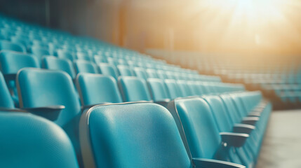 Obraz premium Rows of empty blue seats bathed in warm sunlight, awaiting an audience in a spacious theater or auditorium setting.