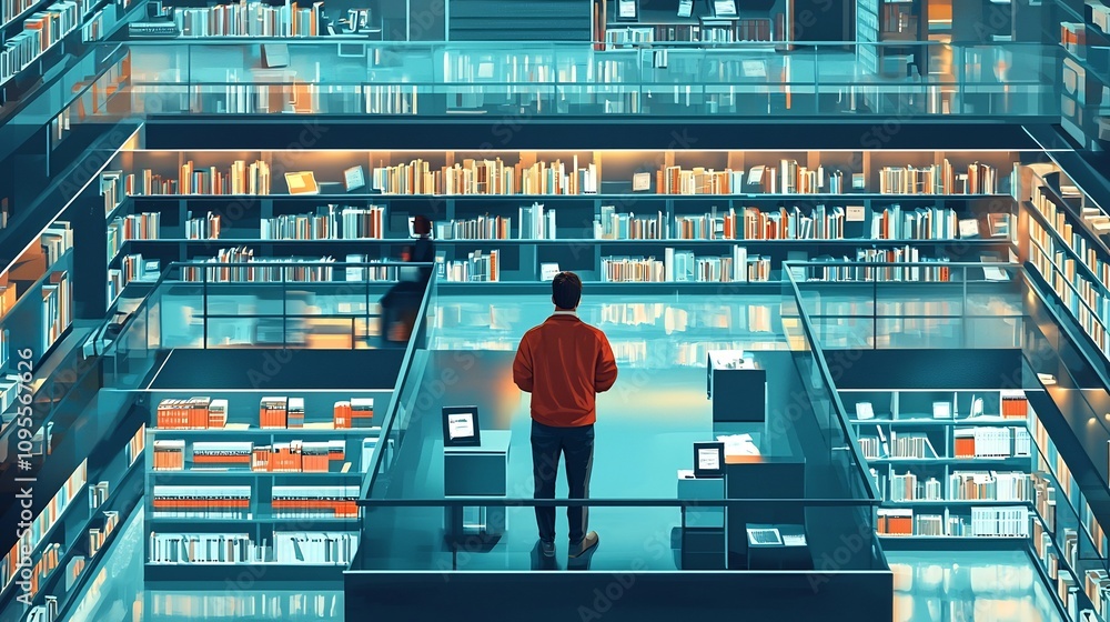 Poster futuristic and streamlined virtual library packed with digital resources e books and learning materi