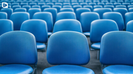 Naklejka premium A large auditorium filled with rows of empty blue chairs, suggesting anticipation for an event or presentation.