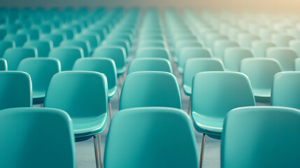 Naklejka premium Rows of empty turquoise seats are neatly arranged in a large hall, illuminated by warm sunlight streaming through the windows, creating a serene atmosphere.