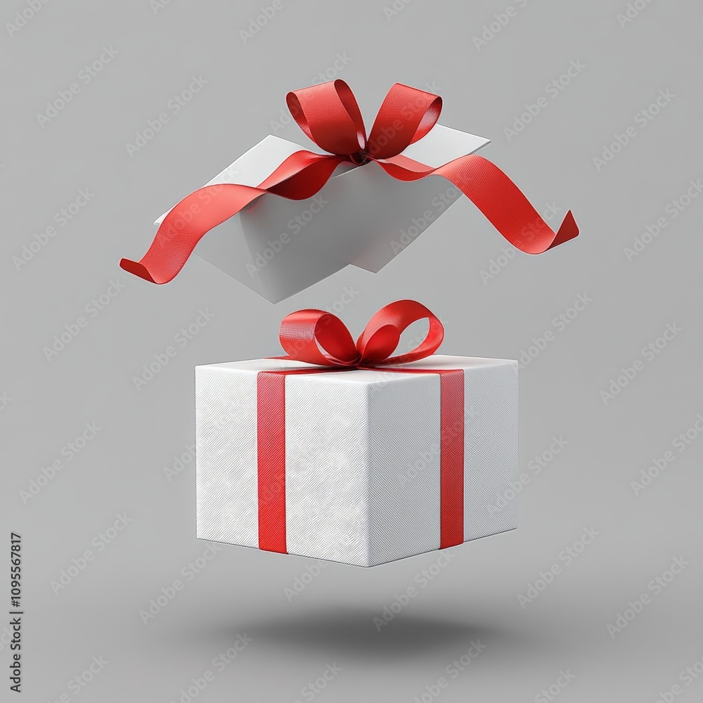 Poster Photorealistic CGI of Floating White Gift Box with Red Ribbon on Grey Background Minimalist 3D Rendering
