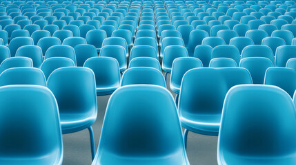 Naklejka premium A sea of identical, empty blue chairs arrayed in neat, orderly rows, suggesting anticipation for an upcoming event or gathering in a large venue.