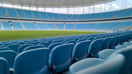 Fototapeta premium An empty sports stadium with rows of blue seats and a lush green field, awaiting the excitement of the upcoming game or event.