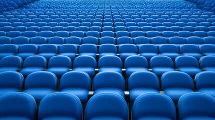 Fototapeta premium Rows of empty blue auditorium seats stretch into the distance, ready to welcome an audience for an upcoming event or performance.