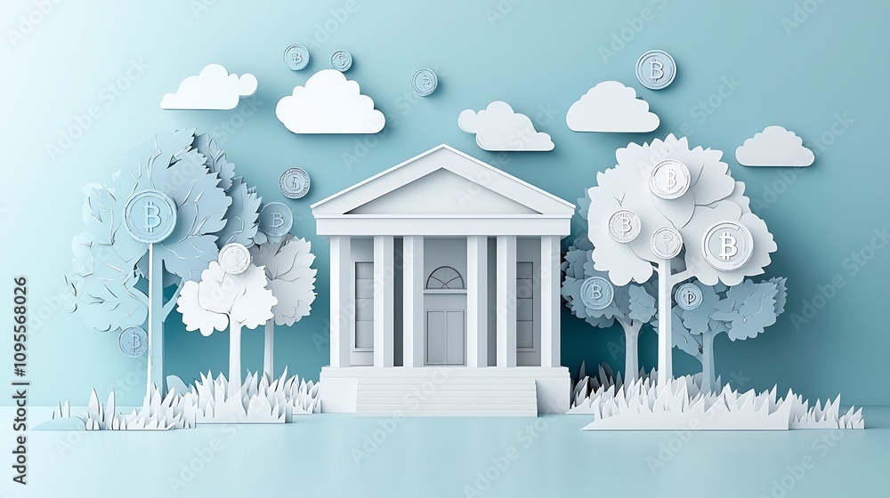 Poster futuristic paper cut design of a blockchain inspired bank building set against a minimalist landscap