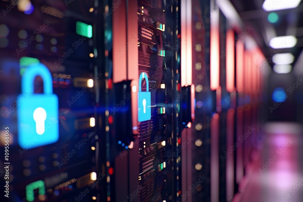Aufkleber data center security with padlock icons on servers.