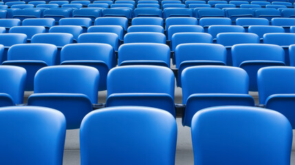 Naklejka premium Rows of empty blue stadium seats arranged in a symmetrical pattern, creating a striking visual of uniformity and order in the seating arrangement.