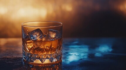 A Glass of Whiskey with Ice on a Dark Surface