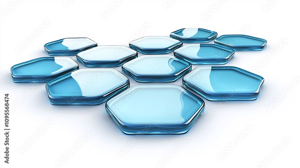 Poster glossy blue pentagonal shapes with shimmering reflections on a white background modern and sleek tec