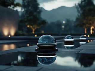 Futuristic renewable energy park featuring innovative spheres urban landscape digital art installation eco-friendly environment immersive perspective sustainability concept