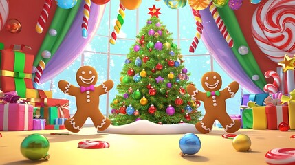Obraz premium Gingerbread men dancing joyfully around a brightly decorated 3D Christmas tree adorned with colorful ornaments and scattered candy creating a festive and whimsical holiday scene