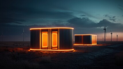 Innovative renewable energy installation at night with glowing structures and wind turbines rural landscape digital art modern aesthetic futuristic vision