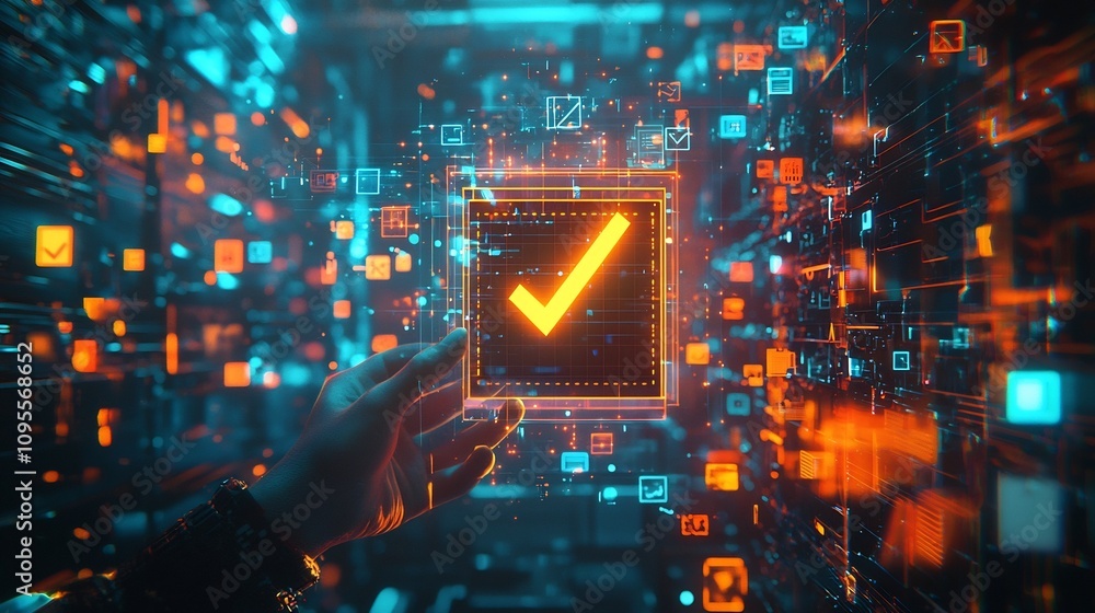 Aufkleber glowing high tech digital interface with checkmark icon held by a hand surrounded by certification a