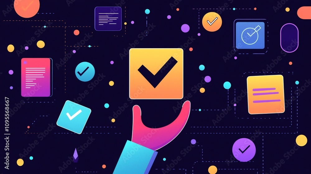 Aufkleber glowing high tech interface with checkmark icon and various certification and symbols set against a 