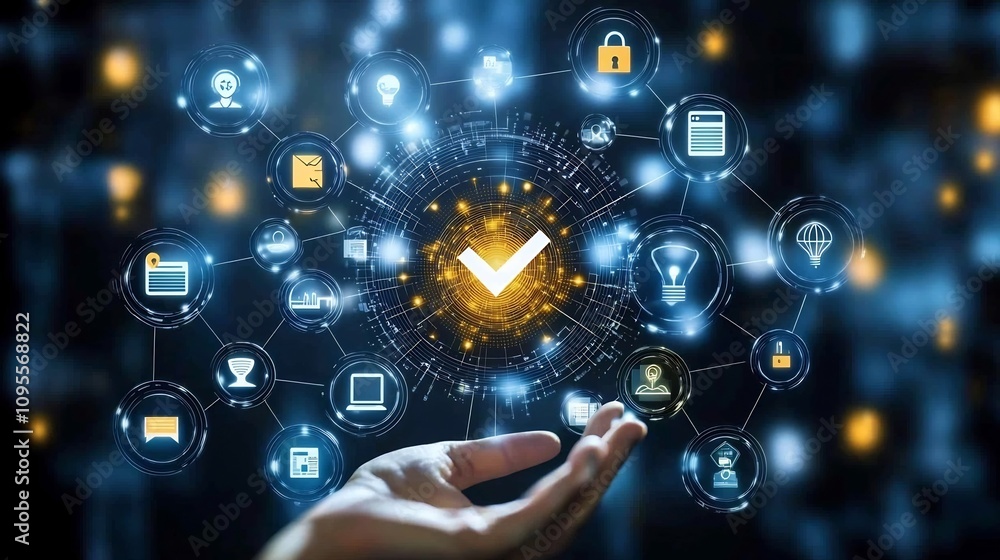 Poster hand holding a glowing digital interface with a prominent checkmark icon at the center surrounded by