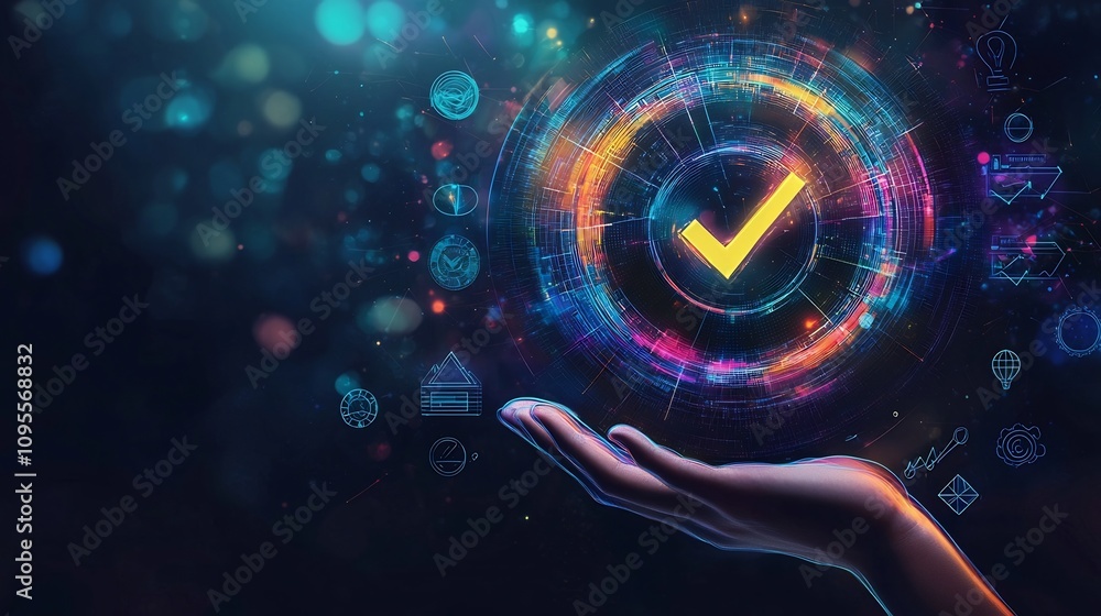 Poster hand holding glowing sleek digital interface with checkmark icon and various and control icons on a 