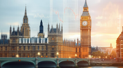 Fototapeta premium Big Ben and the Palace of Westminster at sunset, overlaid with digital financial charts, symbolizing a blend of tradition and modern global finance.
