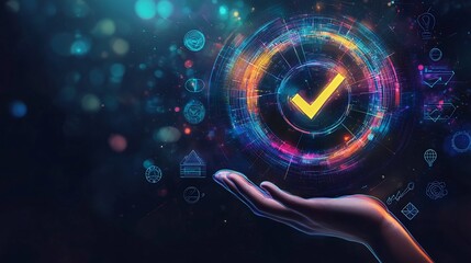 Hand Holding Glowing Sleek Digital Interface with Checkmark Icon and Various and Control Icons on a Modern Dark Backdrop with Vibrant Colors