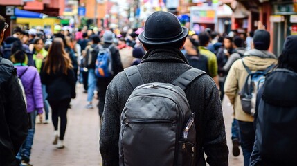 Urban Crowd Walking in the Street with Police Presence Stylish Pedestrians and Traffic