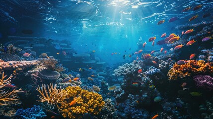 Obraz premium A vibrant underwater scene featuring colorful coral reefs, various tropical fish, and clear blue water illuminated by sunlight filtering through the surface.