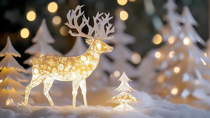 Illuminated paper cut reindeer silhouette standing in a snowy forest with pine trees and glowing Christmas lights  Digital in a minimalist abstract style for holiday and seasonal designs