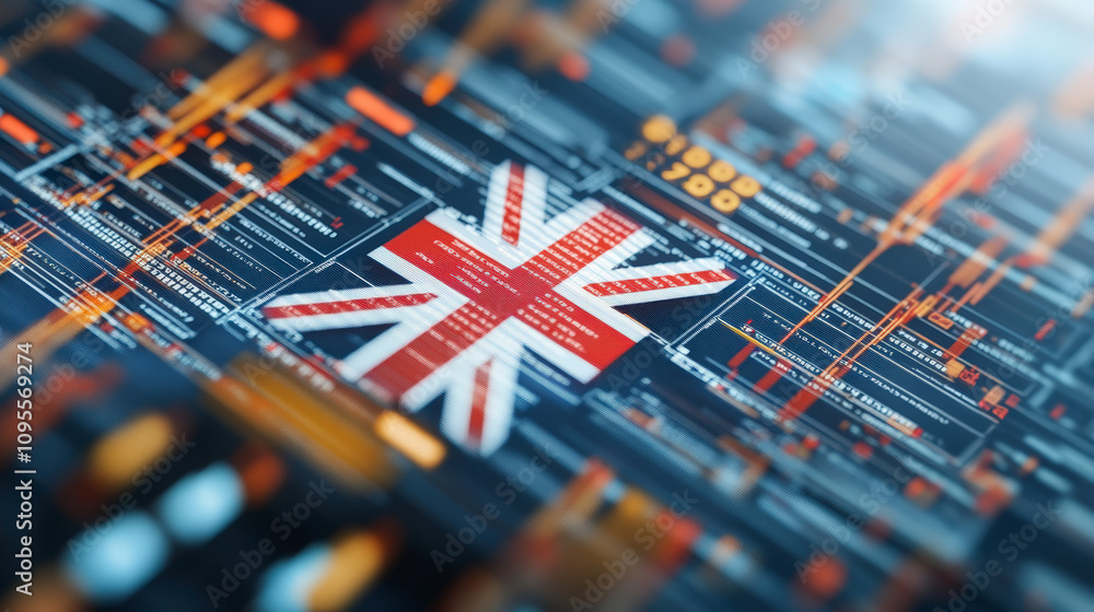 Poster the image depicts a digital representation of the united kingdom flag overlaid with data and graphs,