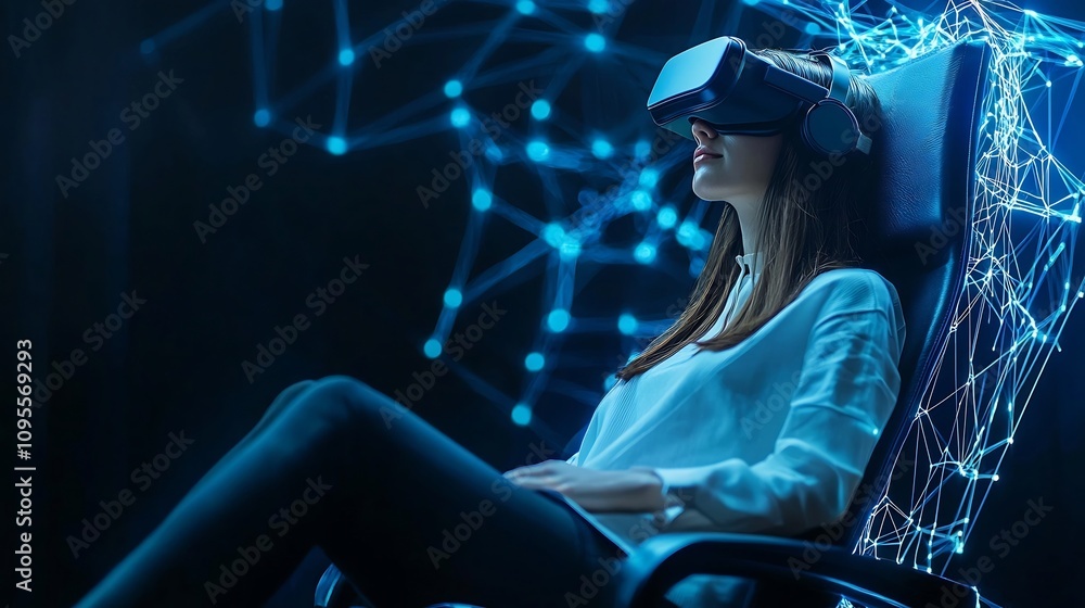 Poster innovative and futuristic study pod design with a user wearing a virtual reality headset amidst dyna