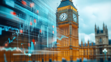 Big Ben against a backdrop of digital financial graphs, symbolizing the intersection of tradition and modern financial markets in London.