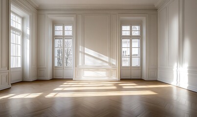  white empty room with shadow window and green plant on white wall luxury background and wooden floor 