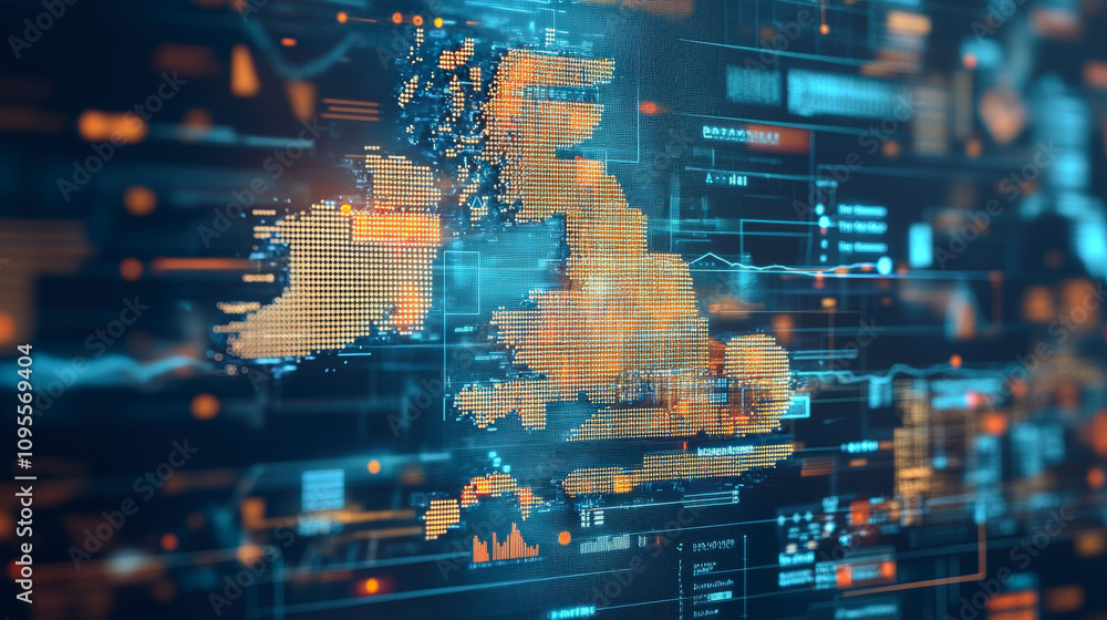 Poster futuristic digital map of the united kingdom with data overlays, showcasing connectivity and technol